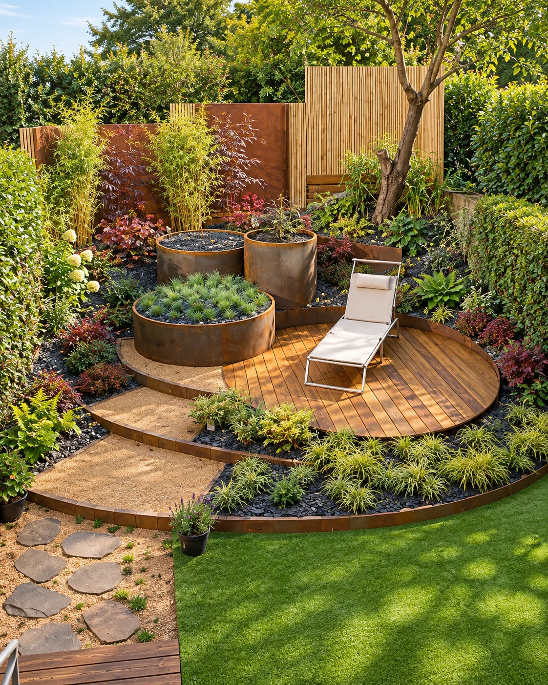 Aménagement circulaire avec terrasse bois, plantations et niveaux
