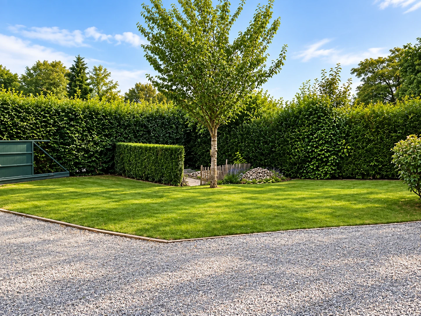 Jardin ensoleillé avec pelouse et haies